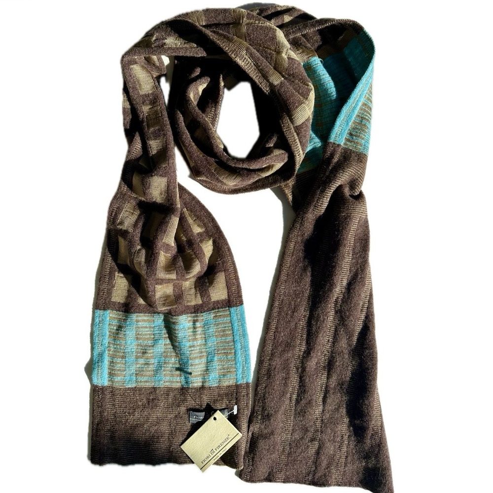 NWT Fiori Di Firenze Italy Brown Turquoise Gold Textured Patterned Scarf, 70”x7”